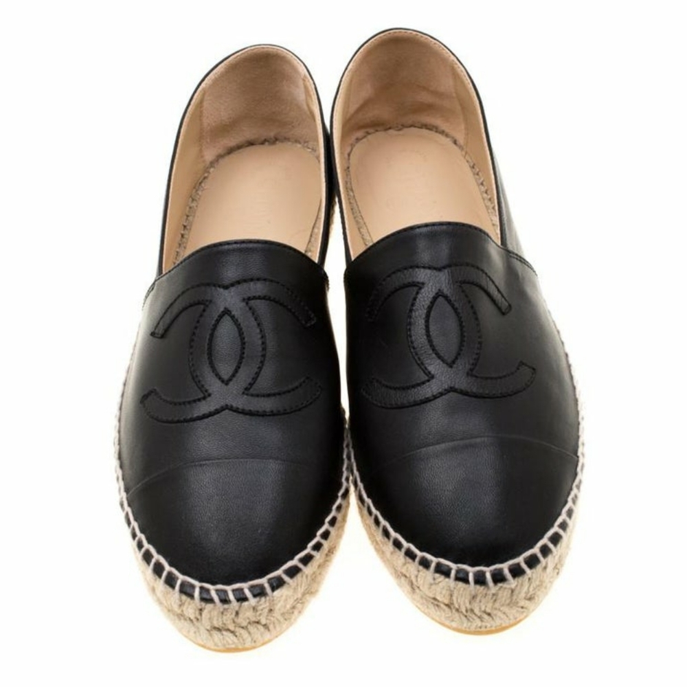 Chanel Lambskin Black Leather Espadrilles - Picture 1 of 8